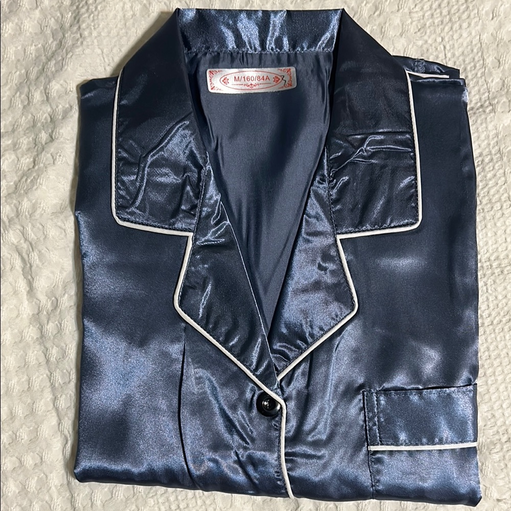 Silky Navy Pajama Top with White Piping